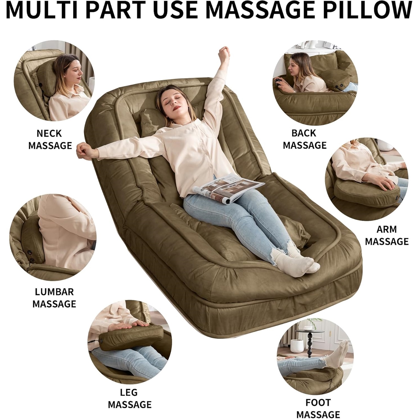 LEHZROAJ Velvet Upholstered Bean Bag Chairs,5-Position Adjustable 2 Soft Pillows Massage Floor Sofa,Multi-Functional  Human Dog Bed for Living Room(Green)