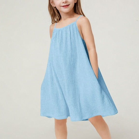 Delliss Girls Summer Jumpsuits Spaghetti Strap Pleat Sleeveless Loose Romper Short Pants with Side Pockets 4-16 Years