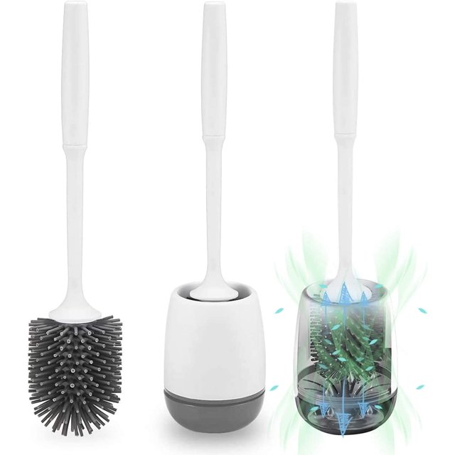 Escobilla de Inodoro de Silicona, POPTEN Escobilla de Inodoro con Soporte Juego de Escobilla de Inodoro de Silicona de Pie y Montado en la Pared con Soporte de Secado Rápido para Baño - Blanco/Gris