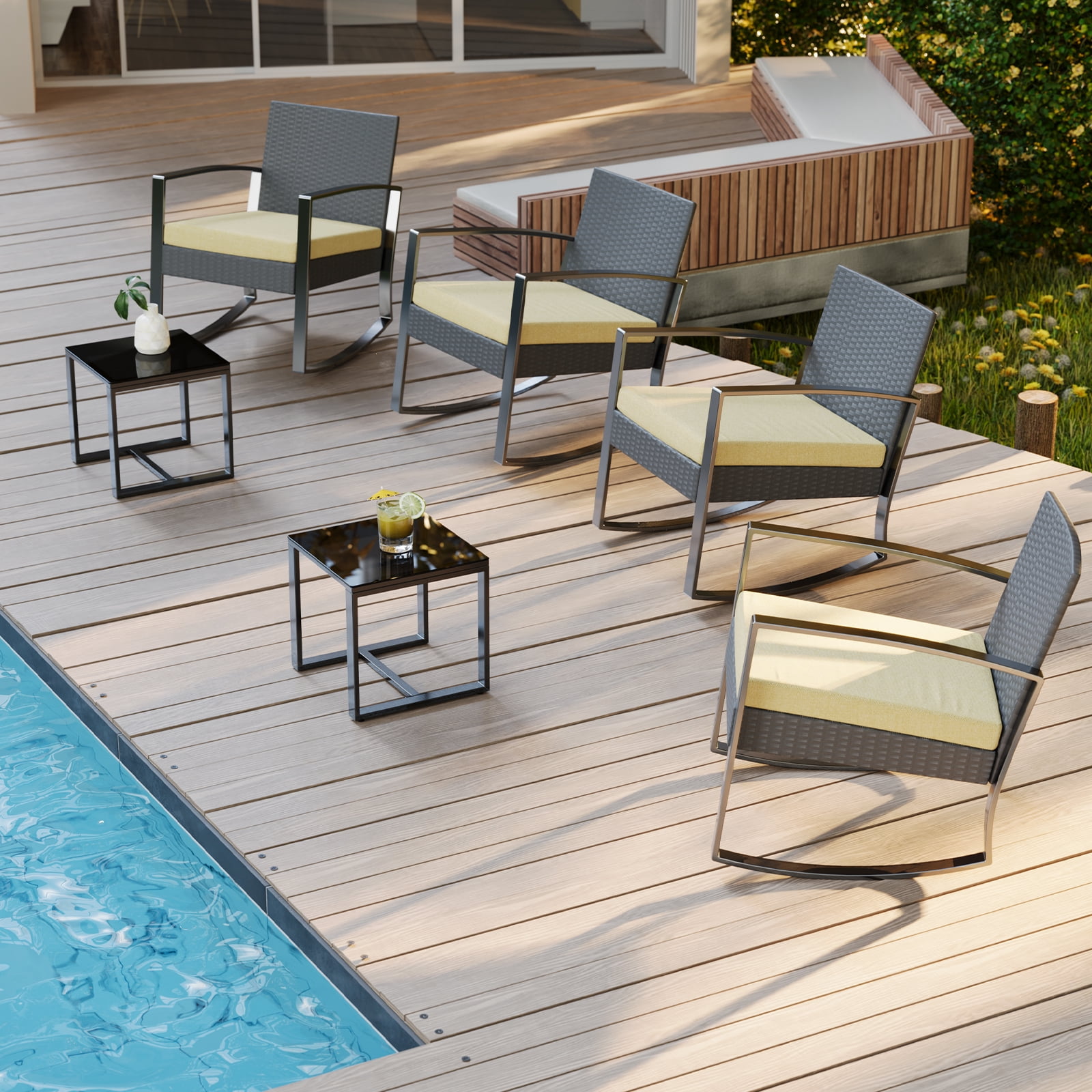 Lofka 3-Piece Outdoor Rocking Chairs, Patio Furniture Set with Thickened Cushions and Coffee Table for Garden, Balcony,  Camping, Beige