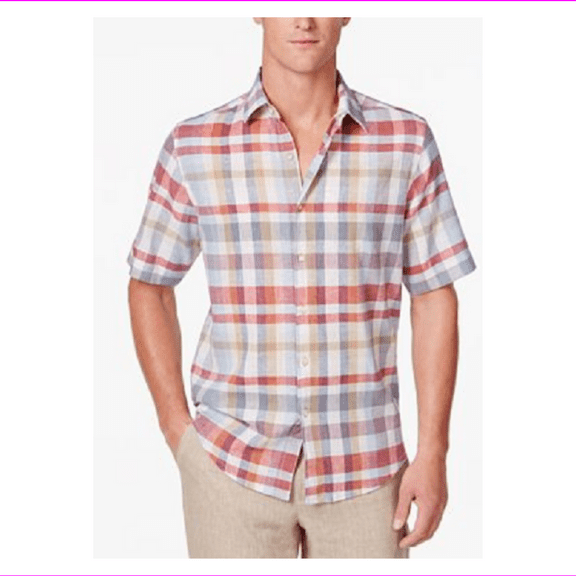 Tasso Elba Men's Linen Madras Shirt, Rust Red Combo, Size S, MSRP $55