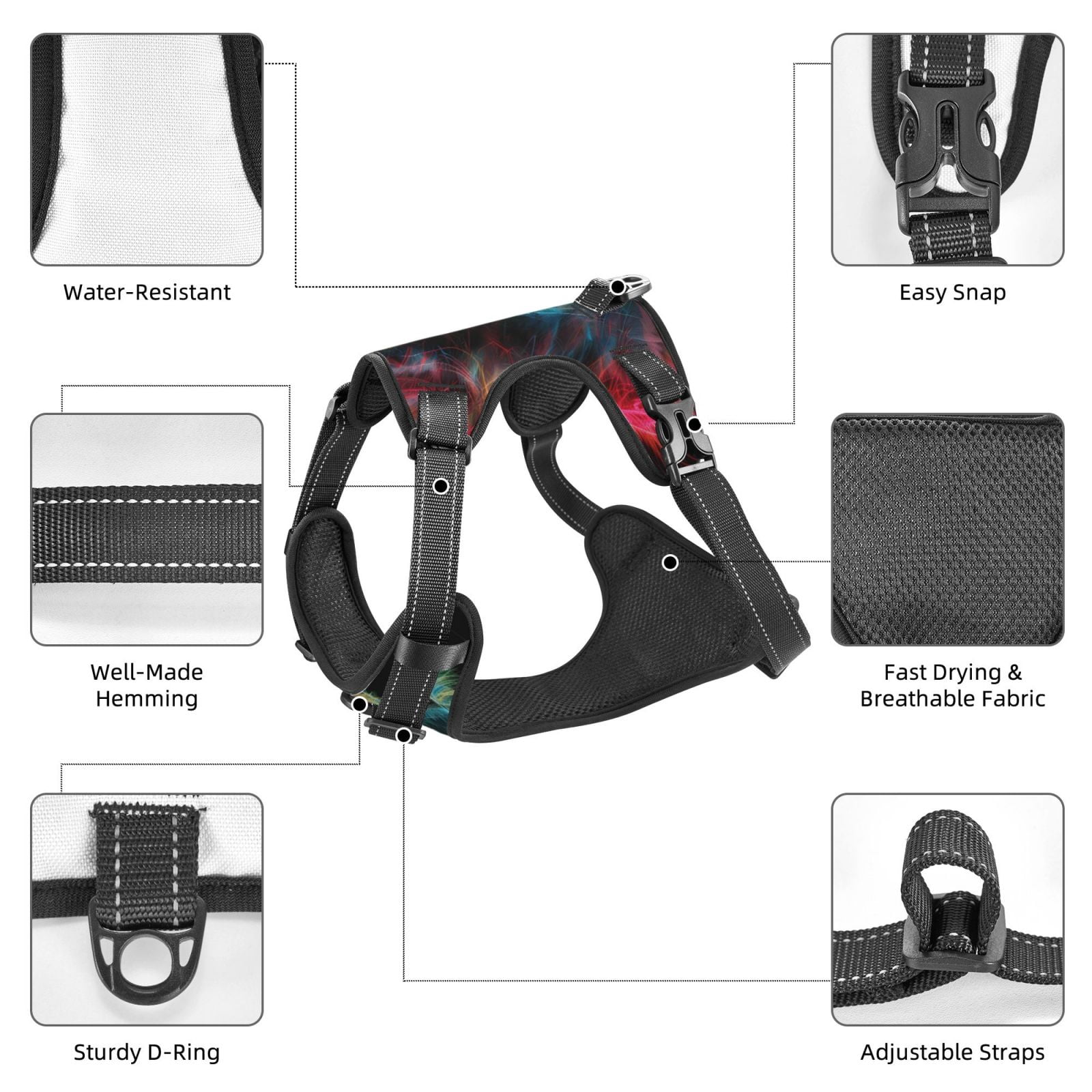 Fuzoiu Neon Spectrum Cat Portrait Print Reflective Dog Harness,Adjustable, Breathable Pet Vest,Dog Harness No Pull,No Choke Pet Vest for Small, Medium, and Large Dogs-Large