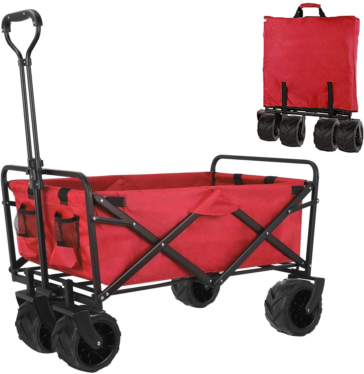 BAHOM Folding Collapsible Outdoor Utility Wagon Cart, Heavy Duty Garden  Cart with All-Terrain Wheels and Carrying Bag ,Red