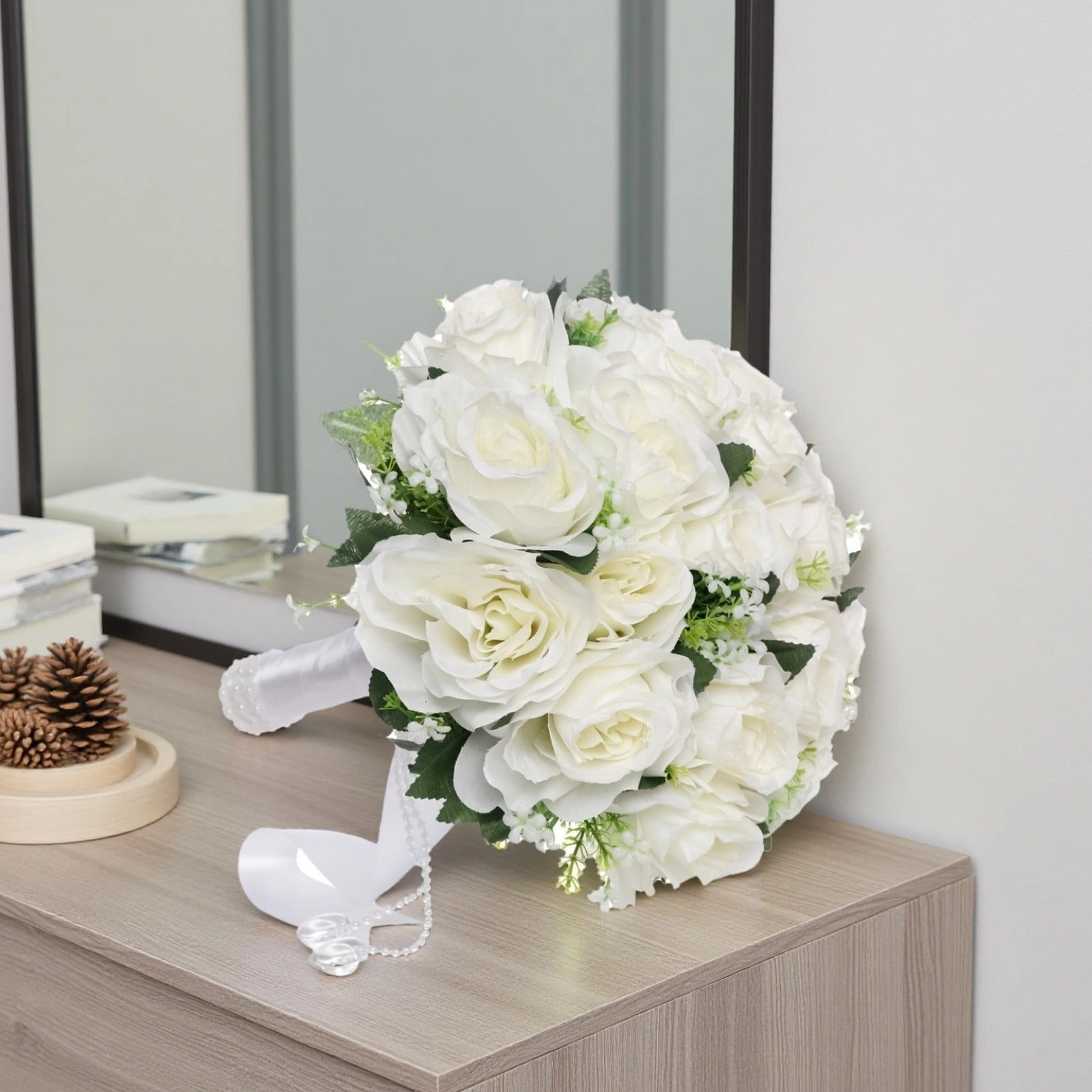 Bride Bouquets for Wedding, Artificial Wedding Bouquet, Silk Flowers with White Roses and Pearls, Elegant Handcrafted Design, Ideal for Brides and Bridesmaids