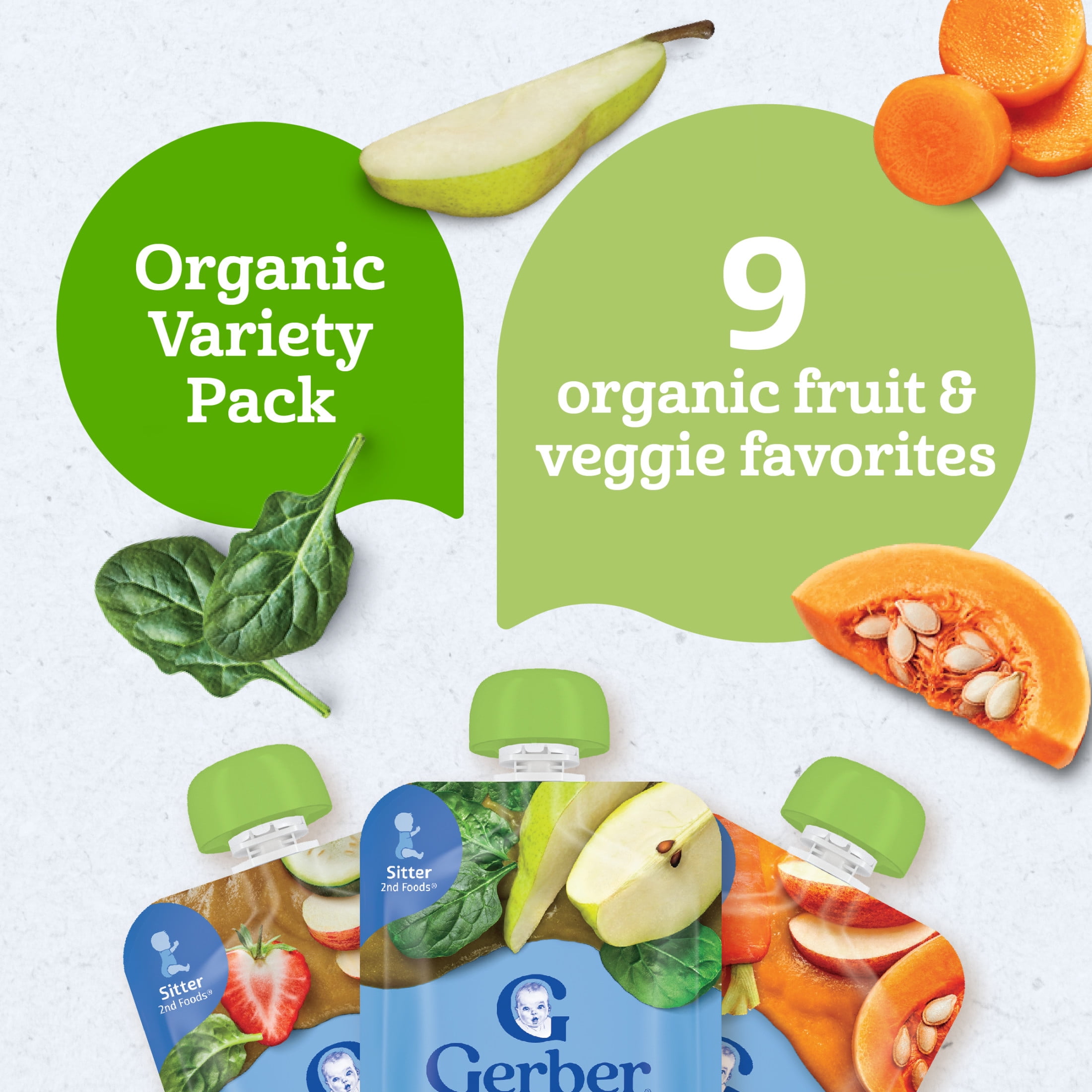(2 pack) Gerber Organic Stage 2 Baby Food, Fruit & Veggie Favorites Variety Pack Puree, 3.5 oz Pouches (9 Pack)
