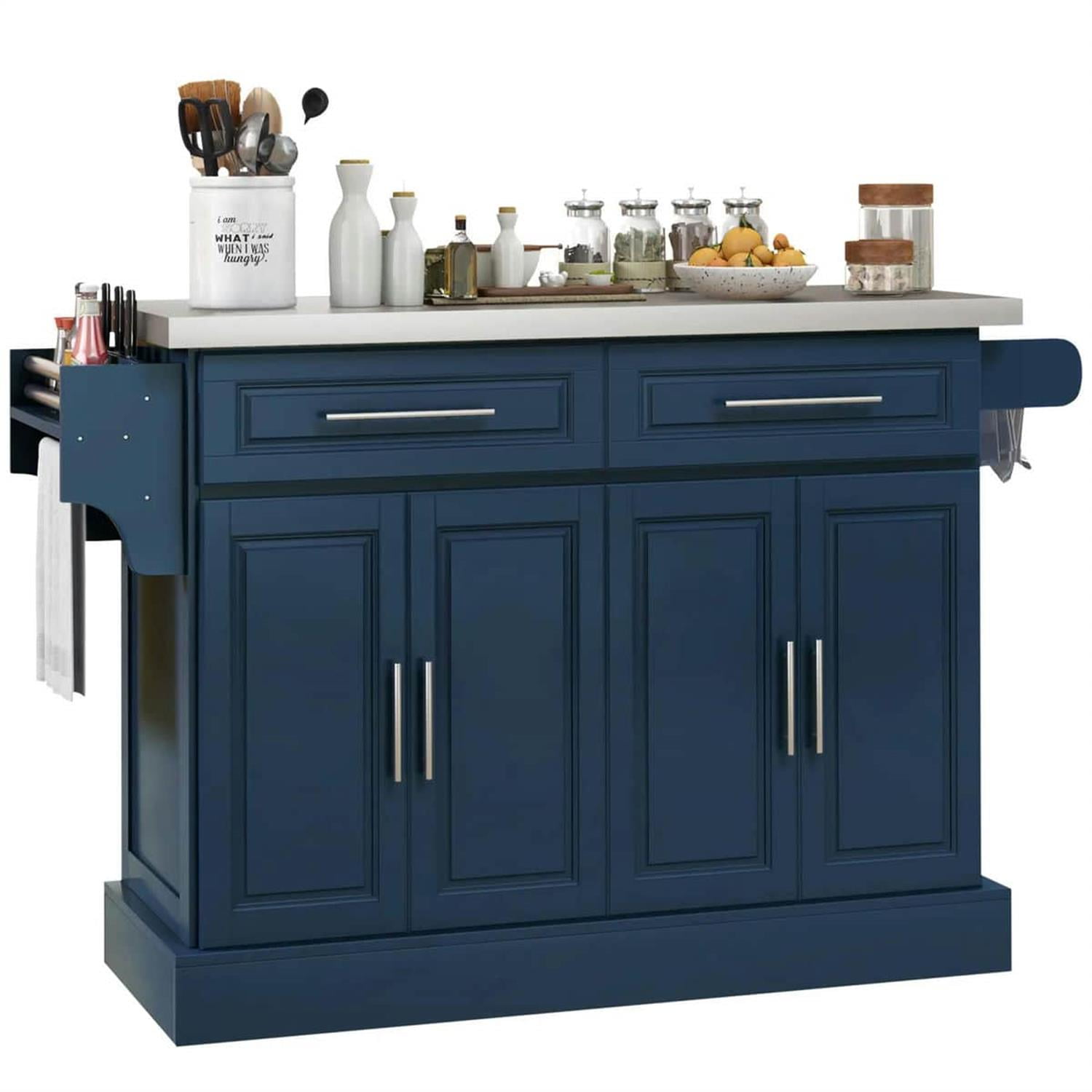 Demi Bonn 57" Rolling Kitchen Island with Stainless Steel Top, 2-Drawer Storage, Spice & Knife Rack, Mobile Island Cart for Cooking & Dining, Blue