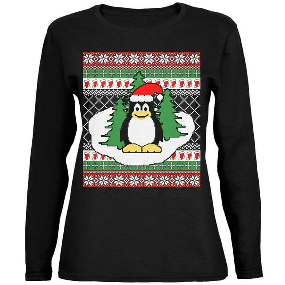 Penguin on Ice Ugly Christmas Sweater Ladies' Relaxed Jersey Long-Sleeve Tee Black SM
