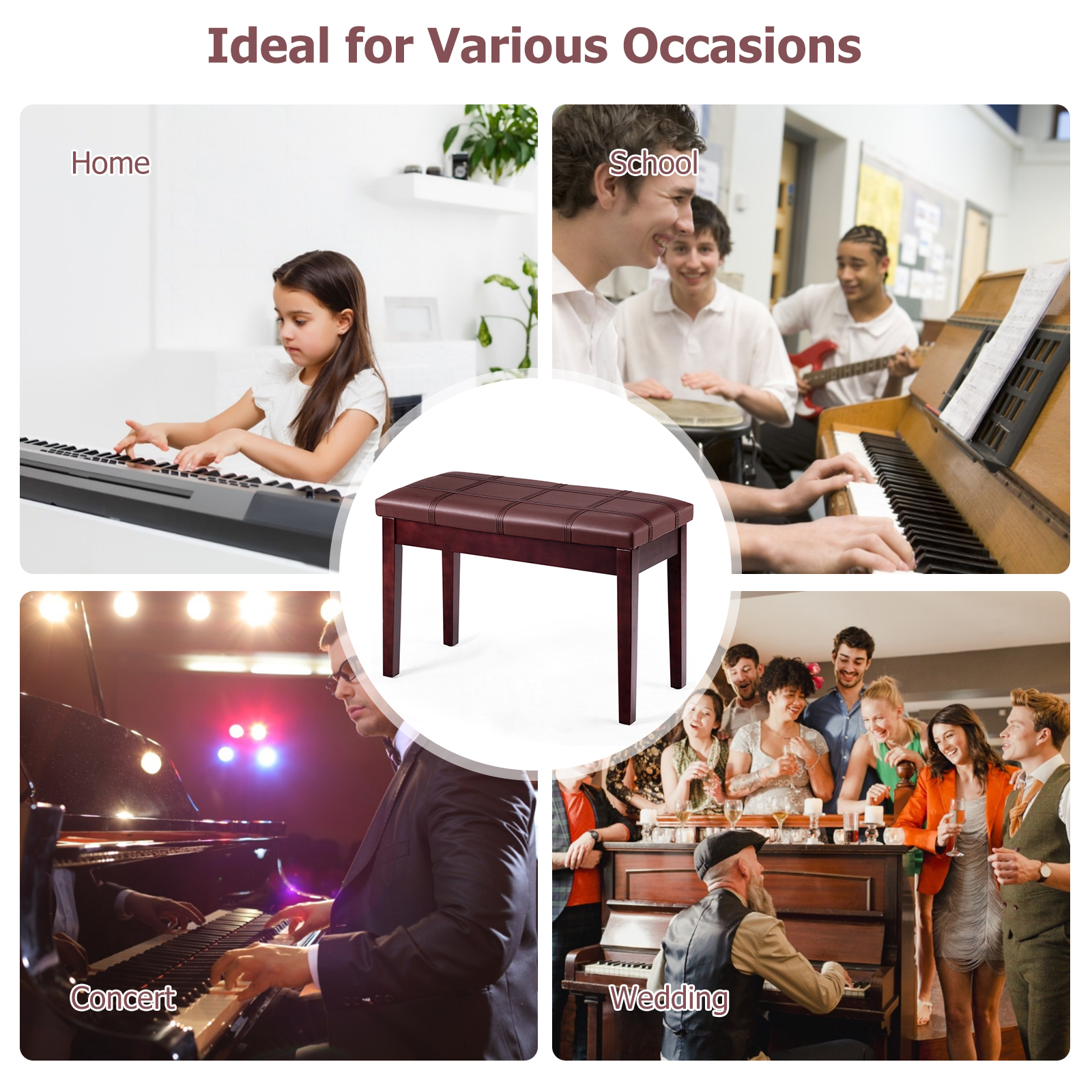 Infans Solid Wood PU Leather Piano Bench Padded Double Duet Keyboard Seat Storage Brown