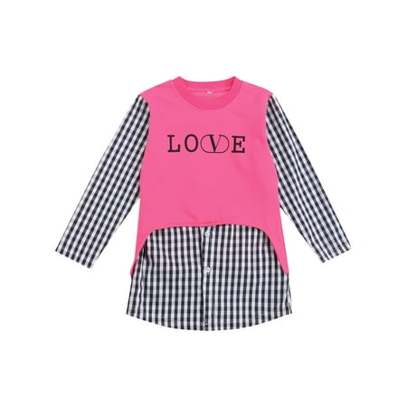 

Fiomva Baby Stitching Shirt with Plaid Pattern Letter Printing Classic Round Neck Spring Clothing