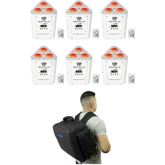 (6) Rockville RockWedge LED RGBWA UV White Wireless DMX Battery Lights Backpack