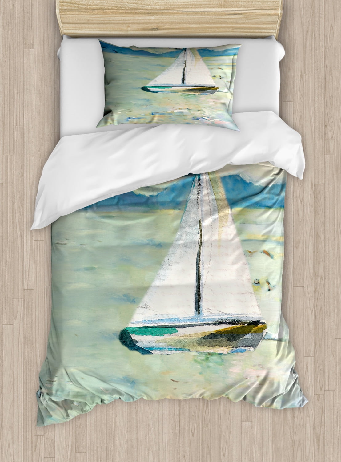 Art Duvet Cover Set Twin Size, Sailing Boat Yacht with Birds