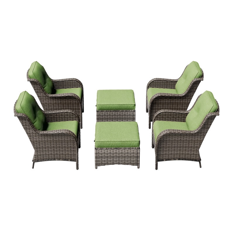Meetleisure 6 Piece Wicker Patio Furniture Set, Rattan Chairs with Ottomans, High Back, Deep Seating, Wide Armrest, Thick Cushions for Deck Porch, Green