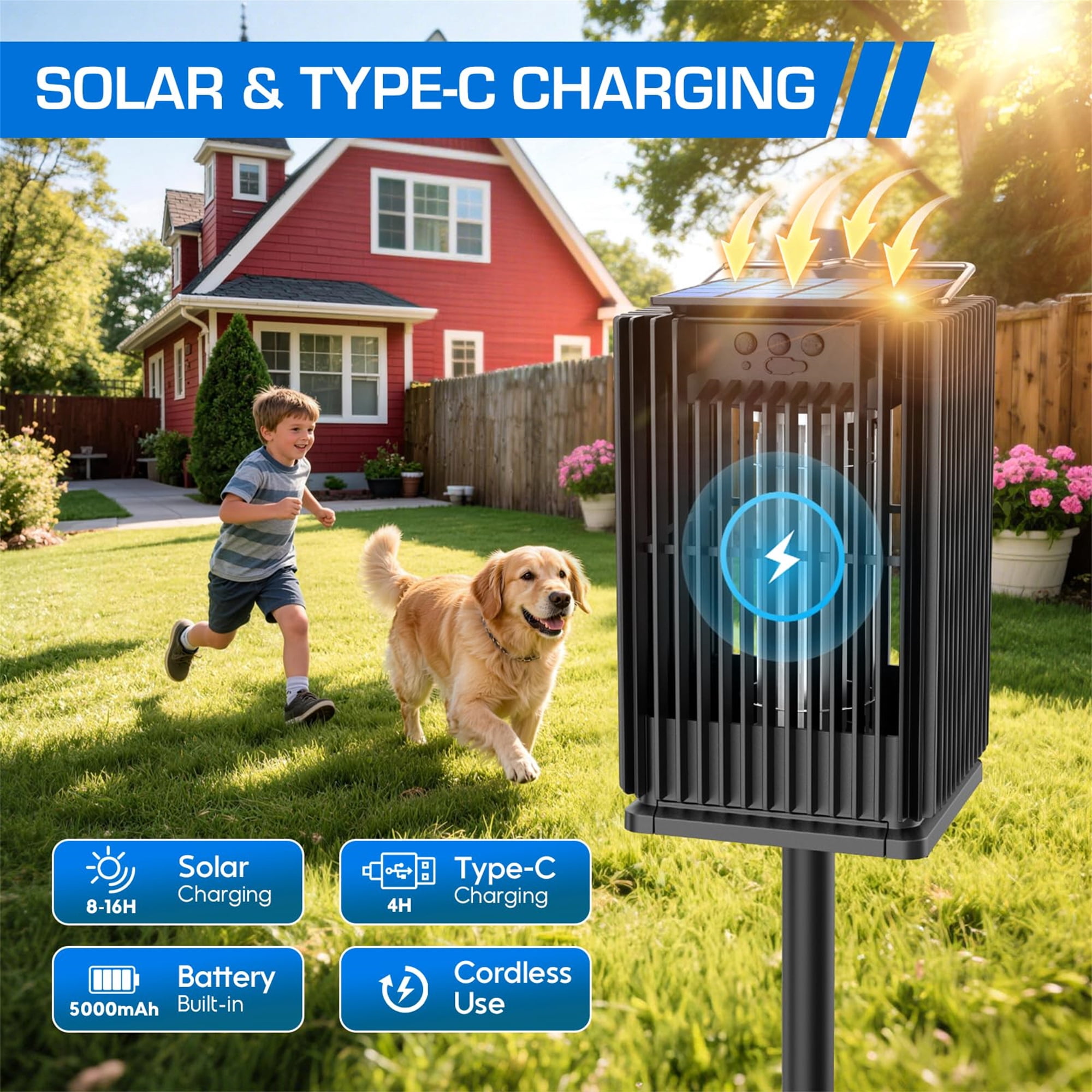 Rossetta Solar Bug Zapper Outdoor, Waterproof Mosquito Zapper 5000mAh Rechargeable Type-C&Solar Powered Fly Zapper for Patio Backyard Camping