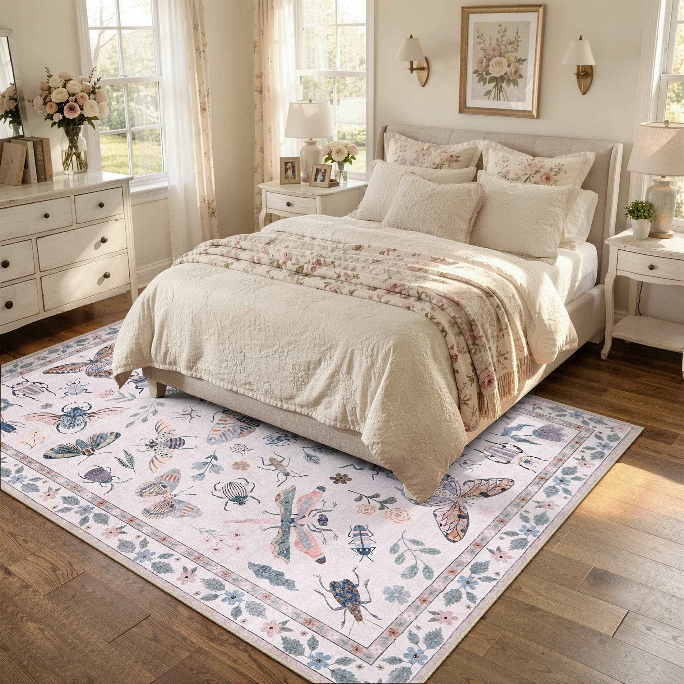 Moynesa Insect 6'x9' Area Rugs Washable Rug for Living Room Soft Natural Girls Bedroom Rug Large Bug Accent Carpet for Dining Room Sunroom Playroom Stain Resistant Non Slip, Pink