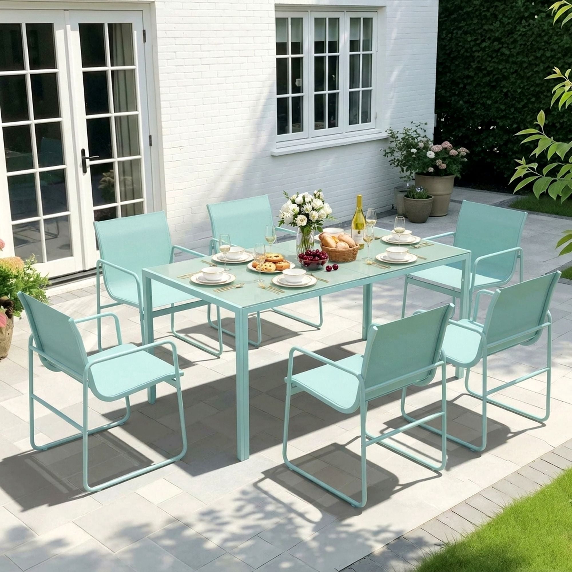 Vitarpatio 7 Piece Outdoor Patio Dining Set with 6 Textilene Chairs and Glass Rectangular Table, Modern Outdoor Furniture Set Patio Table and Chairs Set for 6 Persons, Mint Green