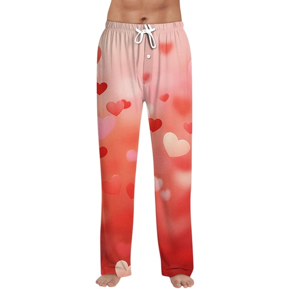 Fgvctg Valentine's Day Mens Pajamas Comfy Sleepwear Wide Leg Pajamas Heart Print High Waisted Pj Pant Oversized Spring Fall Drawstring Lounge Pants with Pockets Deep Red L