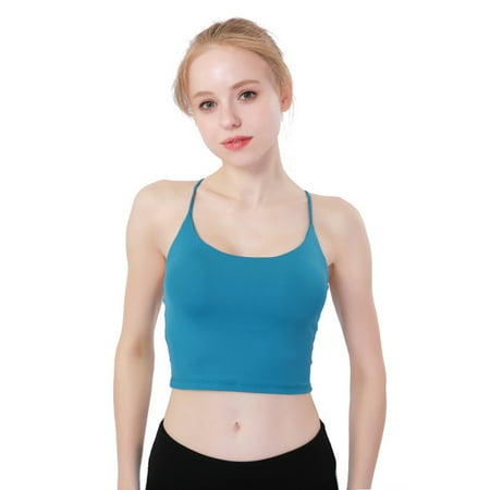 

BYDOT Womens Spaghetti Strap Yoga Sport Bralette Strappy Crossback Workout Gym Crop Top Solid Color Wireless Quick Dry Camisole Activewear