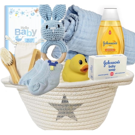 New Baby Boy Gift Basket (9 pc) Light Blue Baby Gift Set. Welcome Baby Care Package All wNewborn Essentials Bundle for Expecting Moms Baby Shower, After Labor Hospital Gift for New Mother and Baby