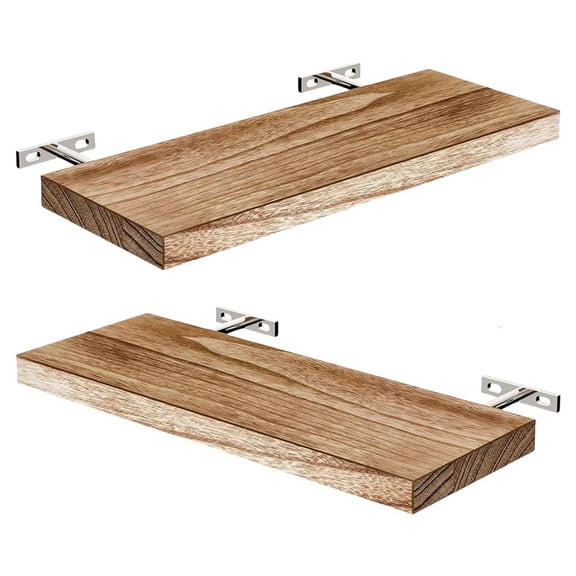 Tibvox 2pc Natural Wood Wall Shelves Floating Shelf 10kg Capacity Easy Assembly Light Brown Finish for Kitchen Office Decors