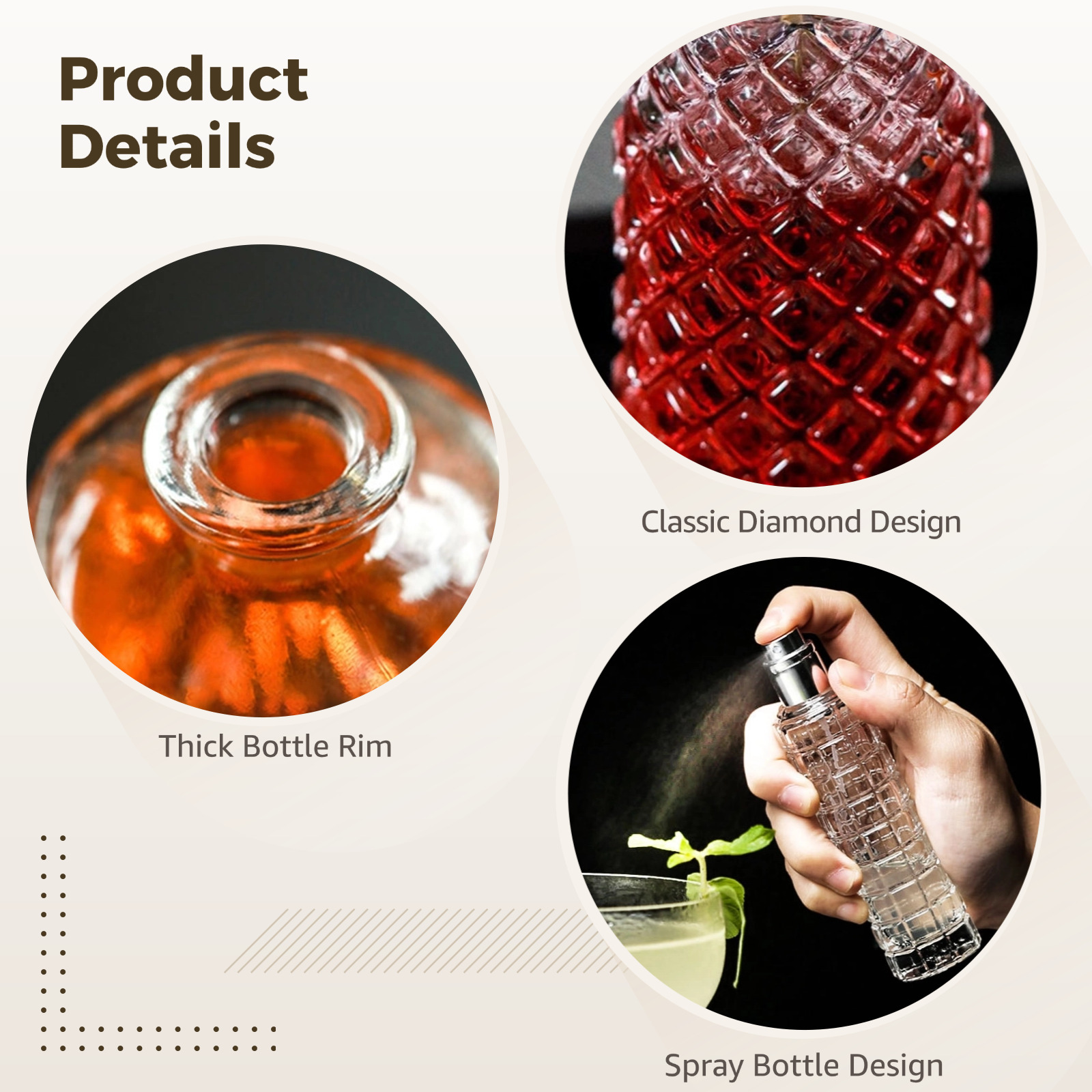 6 Pcs Cocktail Bottles Set, Including 3 Styles Bottles, Classic Diamond ,Carved Pattern and Diamond Grid, 3 Bitters Atomizer Bottles, Glass, Versatile Bar Accessories