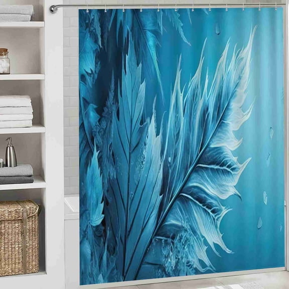 70x70 inch Blue Feather with Water Drops Shower Curtain, Waterproof Polyester Fabric with Hooks for Bathroom Decor