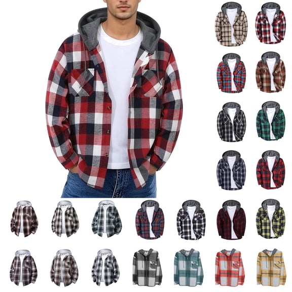 BiZtdJrK Men Casual Button Down Flannel Hoodies Long Sleeve Fashion Plaid Shirt Jackets Drawstring Daily Wear Hooded Jacket with Chest Pockets Multicolor M