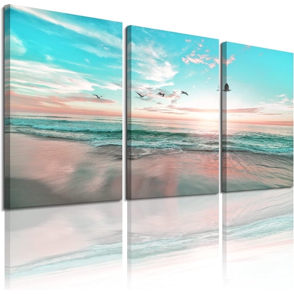 Abstract Ocean Beach Sunset Wall Art,Art,Sea Landscape Wall Art,Beach Sun Raise Photo,Canvas Wall Art 3 Pieces,3pcs Per Set Living Room Wall Picture (A-3pcs,12"x16"x3pcs)