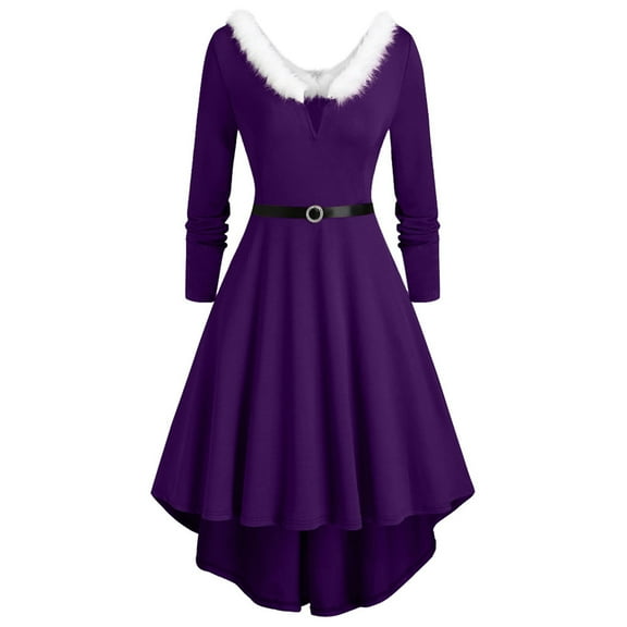 Ecqkame Women Plus Size 1950s Vintage Cocktail Dress Women Plus Size Dress Solid Long Sleeve Christmas Furry V-Neck Draw Back Dress Purple M