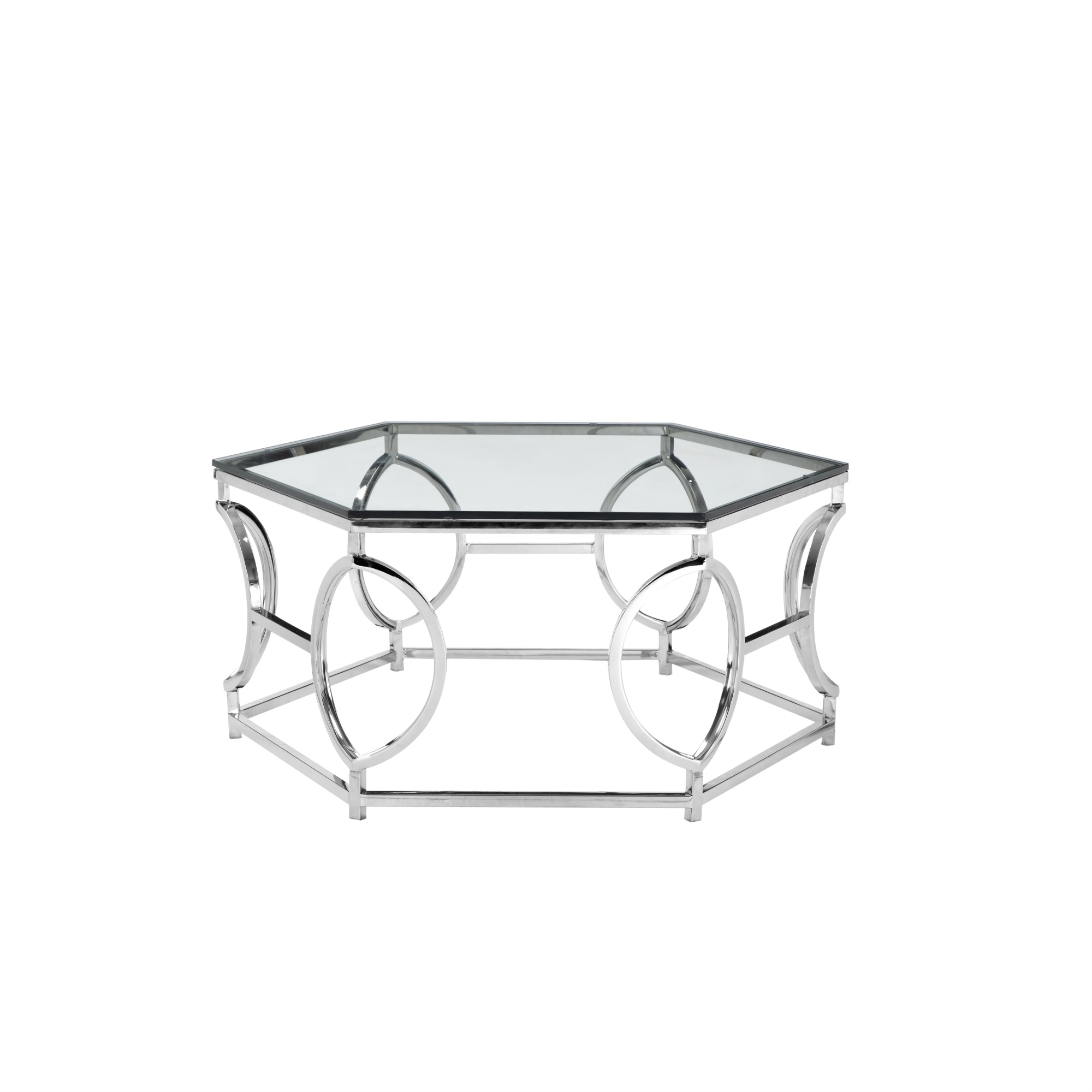 Metal Frame Coffee Table with Glass Top and Three Dimension Circular Design, Silver and Clear