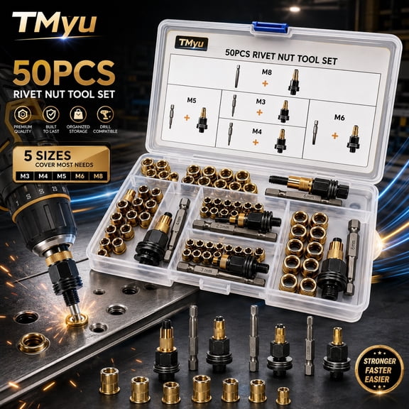 Rivet Nut Tool Kit, M3-M8 Carbon Steel Rivet Nut Adapters with 50 Rivet Nuts for Drill