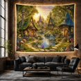 thumbnail image 6 of Woodland Cottage Village Around a Clear Lily Pond, Whimsical Fantasy for Nature Lovers, Fairy Garden Decor, Housewarming Gift, Tapestry Wall Hanging for Bedroom and Studio, 6 of 7