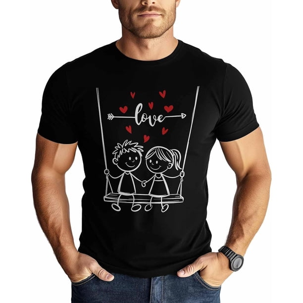 T-Shirts for Men, Couple Sketch Hearts Crew Neck Cotton T-Shirt Men's Short Sleeve Valentine's Day Red Heart Lover