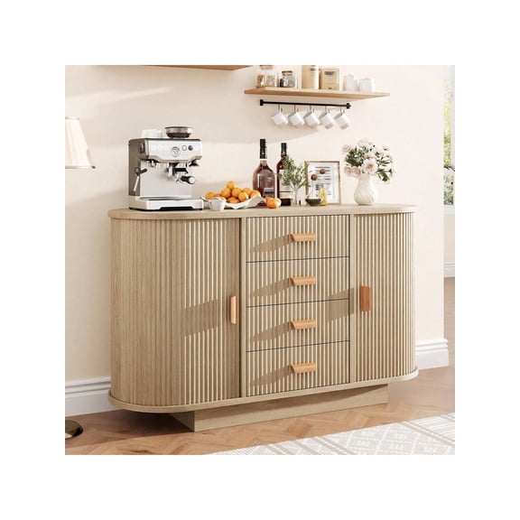 Yellow 47inch Sideboard Buffet Cabinet With Storage Fluted Coffee Bar Cabinet With 4 Drawers And 2 Arched Sliding Doors Modern Wood Storage Buffet Table For Kitchen Living Room