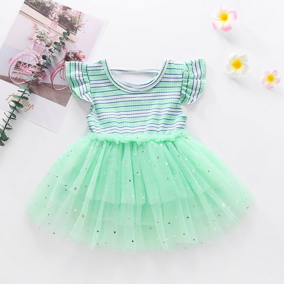 Toddler Baby Girls Ruffles Striped Print Star Tulle Princess Dress Dress For Girl Style Dress