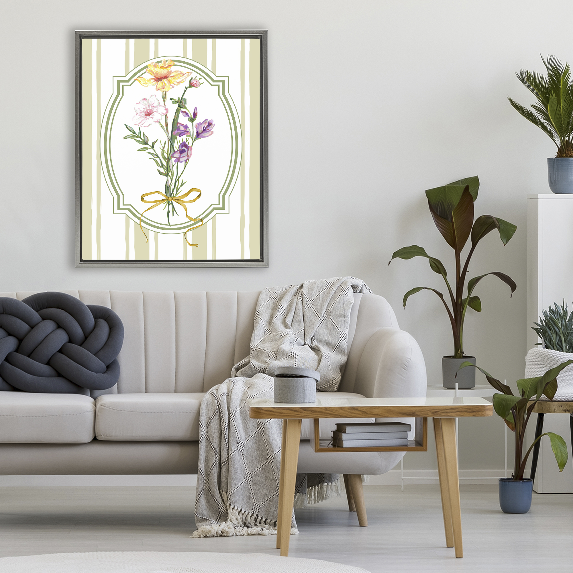 Vintage Wildflowers with Ribbon Gray Framed Floater Canvas Wall Art, design by Adonna Ebrahimi