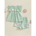 thumbnail image 3 of Miaouyo Toddler Baby Girl Summer Clothes Set 9 12 18 24 Months 2T 3T 4T Flower Smocked Fly Sleeve Tops Elastic Waist Shorts Outfit, 3 of 9