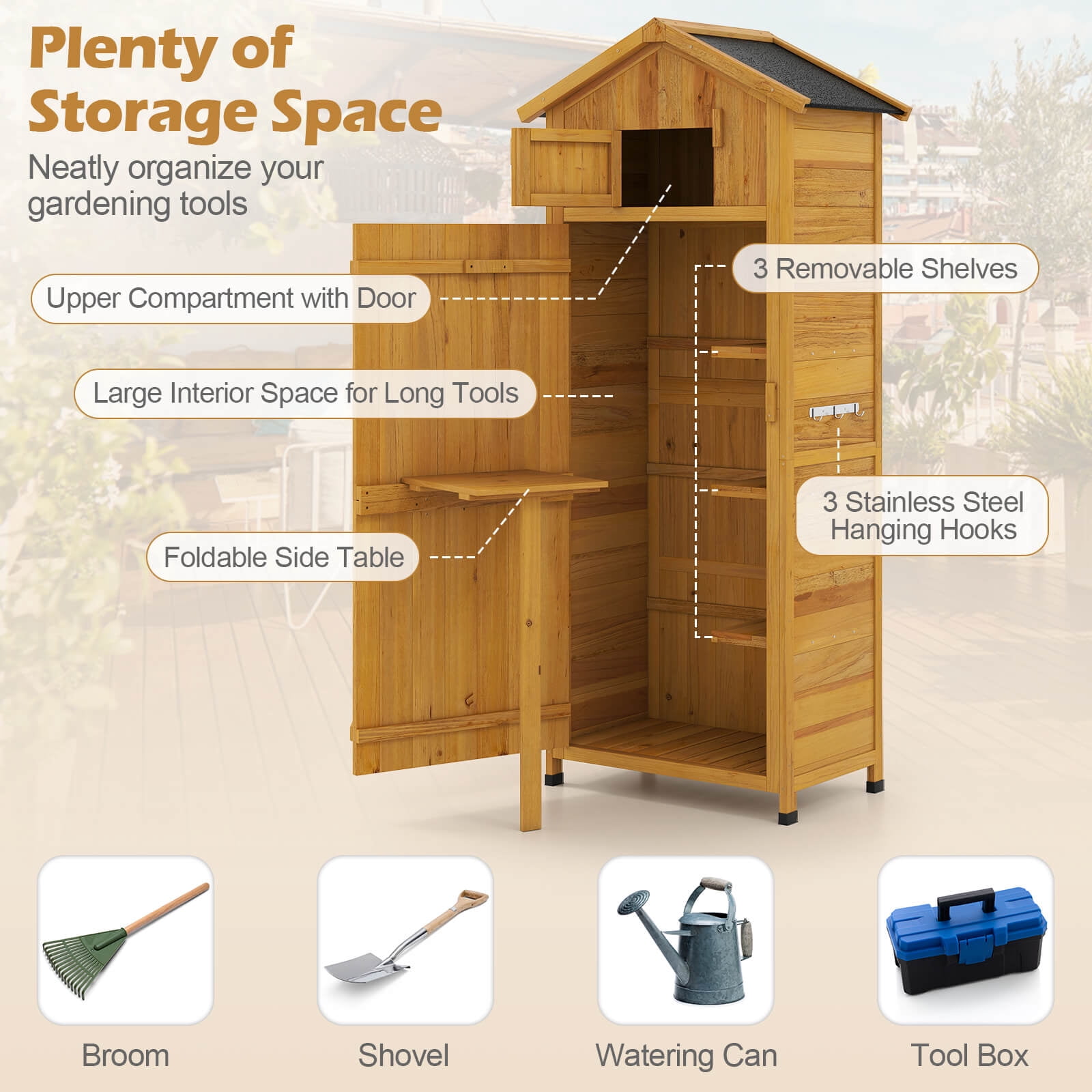 Costway Outdoor Lockable Wooden Storage Shed with Shelves, 71"x29.5"x20", Natural