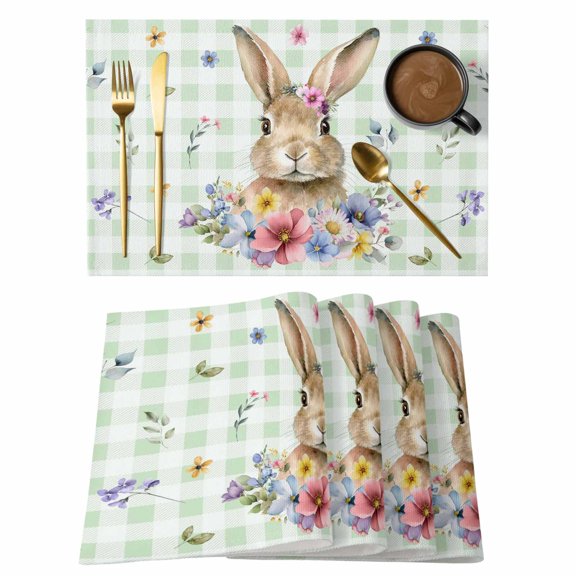 Bunny Easter Placemats Set of 4, Green Plaid Spring Floral Pastoral Placemats for Dining Table, Place Mats for Kitchen Tabletop, Waterproof Wipeable Dining Table Mats Set