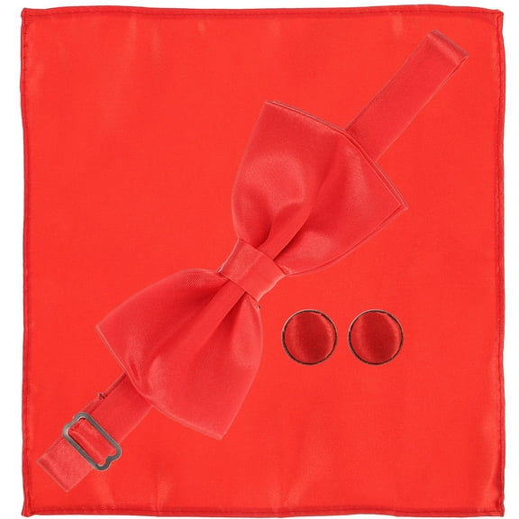 CATIEBYE 1Set Red Satin Bow Tie and Handkerchief with Cufflinks for Mens Formalwear