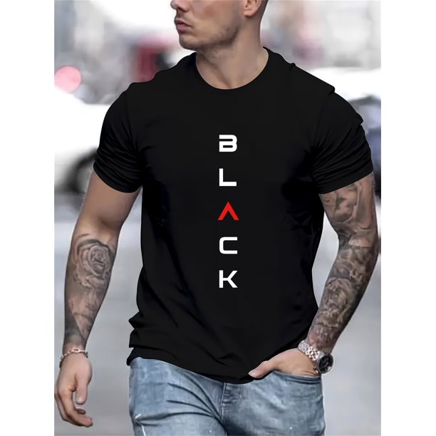 New Comfy Breathable BLACK Letters Print Men's Fashion T-Shirt, Casual Round Neck Short Sleeve Tee for Spring Summer Holiday Leisure Vacation Men's Clothing As Gift
