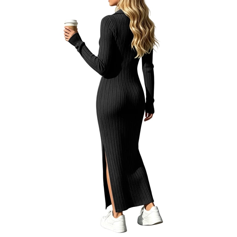 Ayolanni Formal Fall Dresses for Women V Neck Long Sleeve Bodycon Maxi Dresses Slim Ladies Ribbed Knit Solid Long Dress Black S