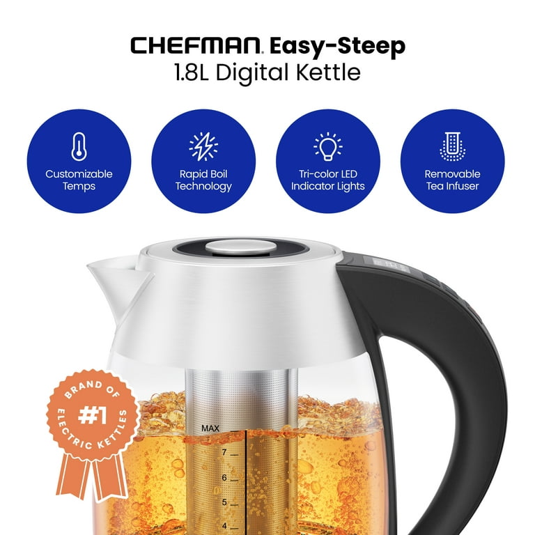 Temperature New Rapid-Boil - Kettle Steel, Presets 7 Tea Digital w/ and 1.8L Glass Infuser Stainless Chefman