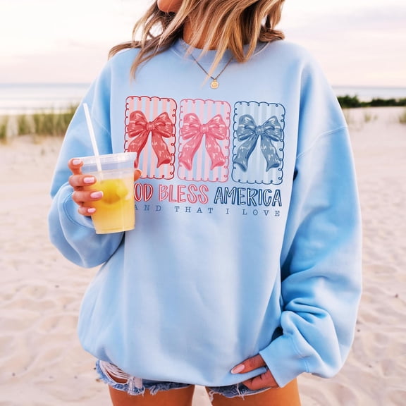 God Bless America Coquette Sweatshirt, Patriotic Preppy Bow Pullover, Red White Blue Ribbon 4th of July Shirt BTO