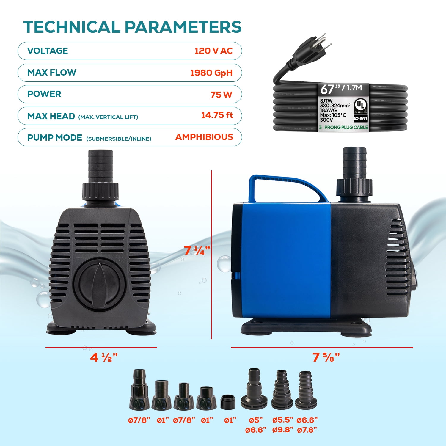 2000 GPH Adjustable Amphibious Aquarium Fish Tank Water Pump