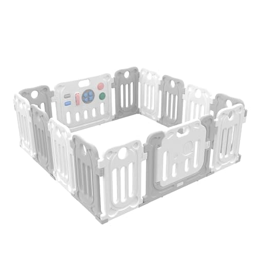 Baby Playpen, UNICOO Adaptable Playpen for Babies & Toddlers, 60x60 inches Safe and Secure Play Area, Shape Adjustable Baby Play Fence, Indoor/Outdoor Safe Play Yard (Q02-WG White Grey)