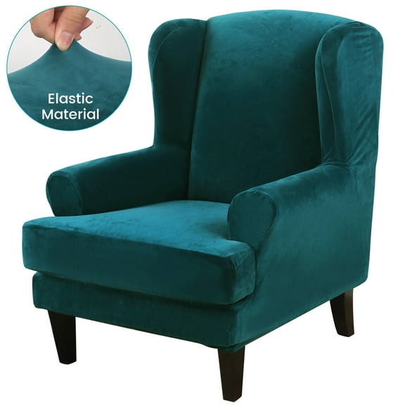 TOPCHANCES 2-Piece Stretch Velvet Fabric Wing Chair Cover Wingback Armchair Slipcovers(Dark Green)