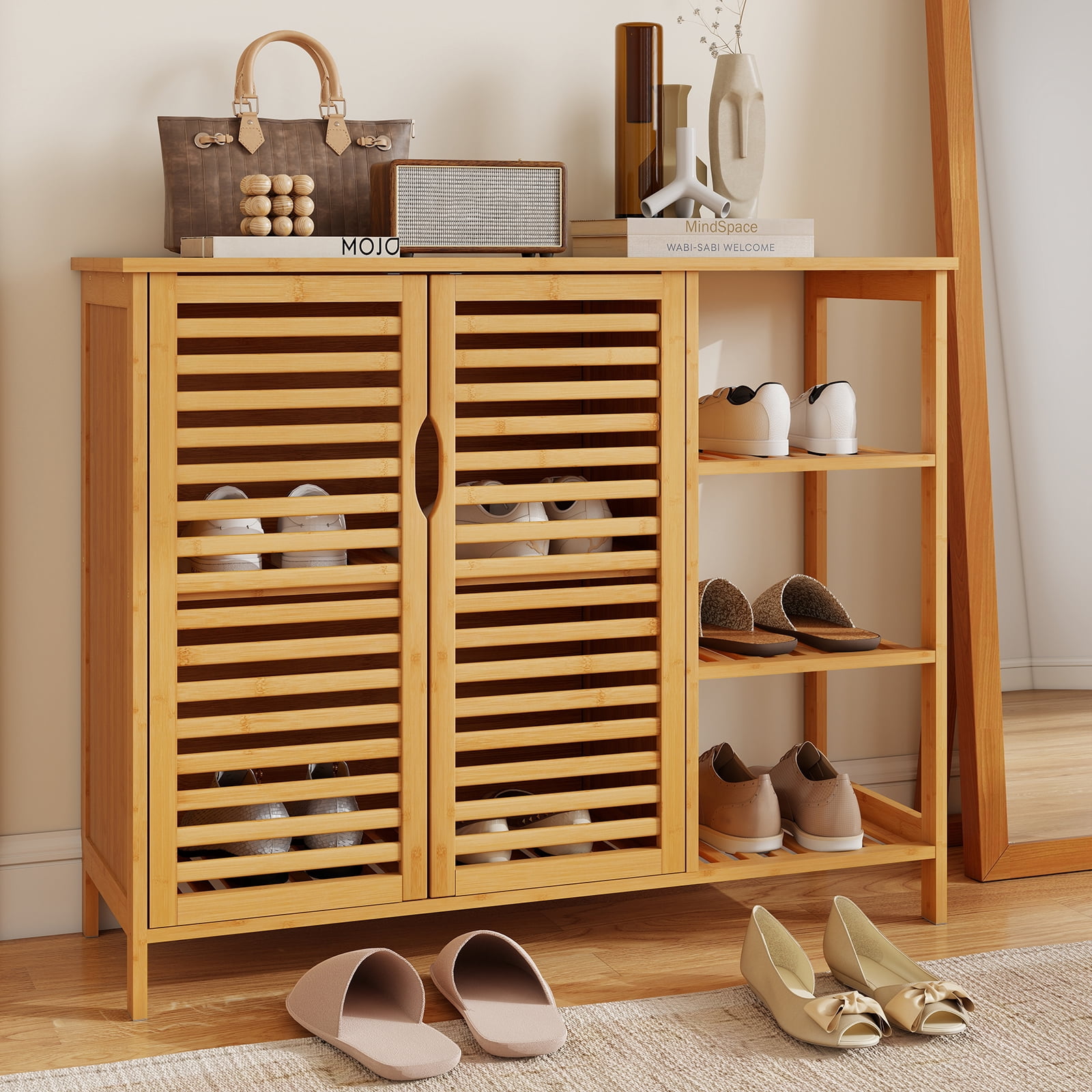 Gymax Bamboo Bathroom Cabinet 2-Door Storage Organizer w/ Shelves Natural