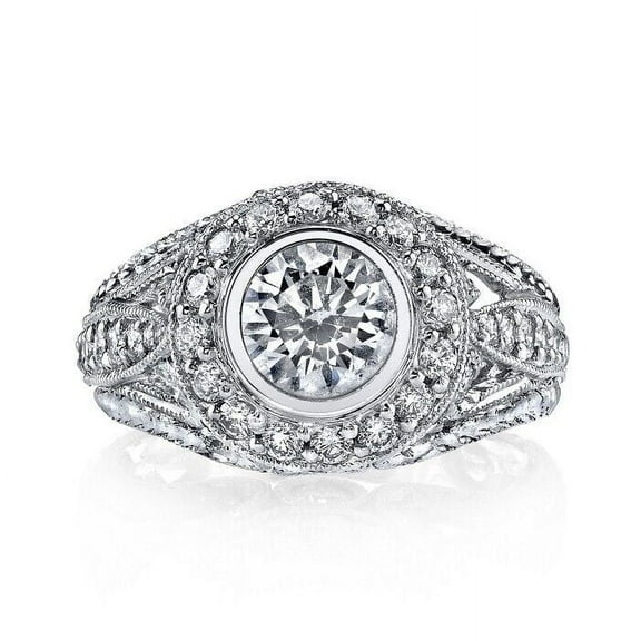Art Deco Milgrain Cluster Surprise Diamond Ring 2.4 Ct Round Diamond 14K White Gold Over