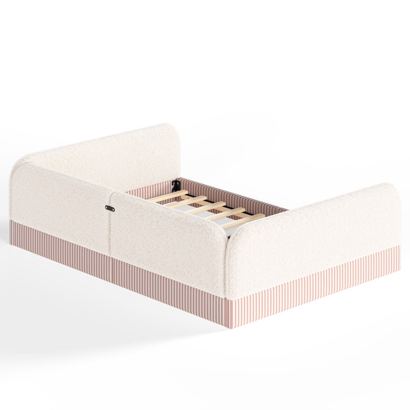 Queen Size Upholstered Floor Daybed Frame for Kids, Half-Enclosed Montessori Platform Bed with 3-Sided Surrounding Guardrails