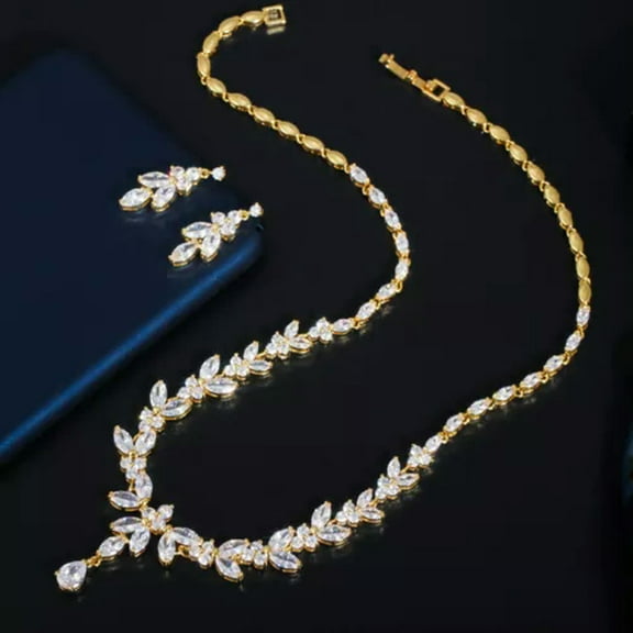 Luxury CZ Costume Necklace Earrings Set for Wedding Brides Gold Plated Jewelry